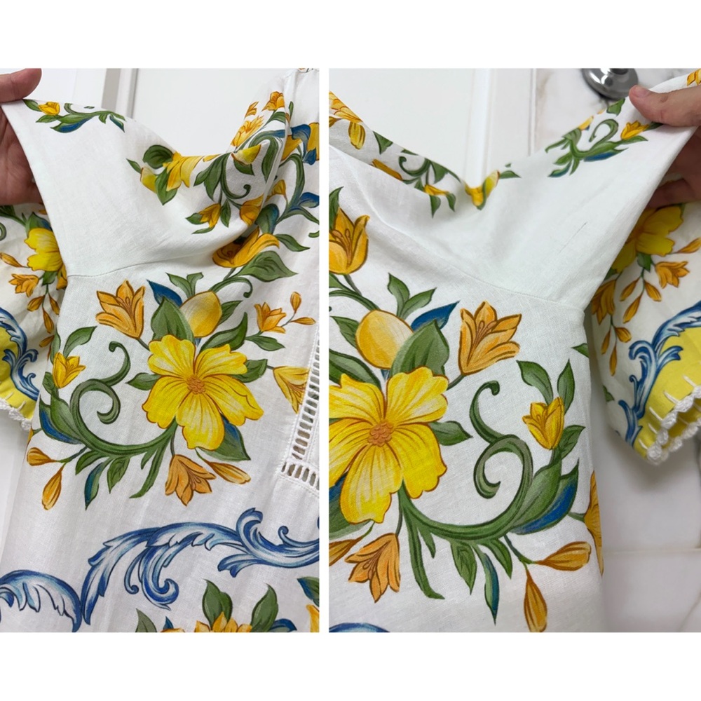 Farm Rio Sicily Scarf Lemon Print Mini Dress Yellow Fruit Floral Linen L - Picture 16 of 16